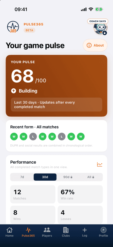 Current Pulse365 performance screen in the Pickleball365 iOS app