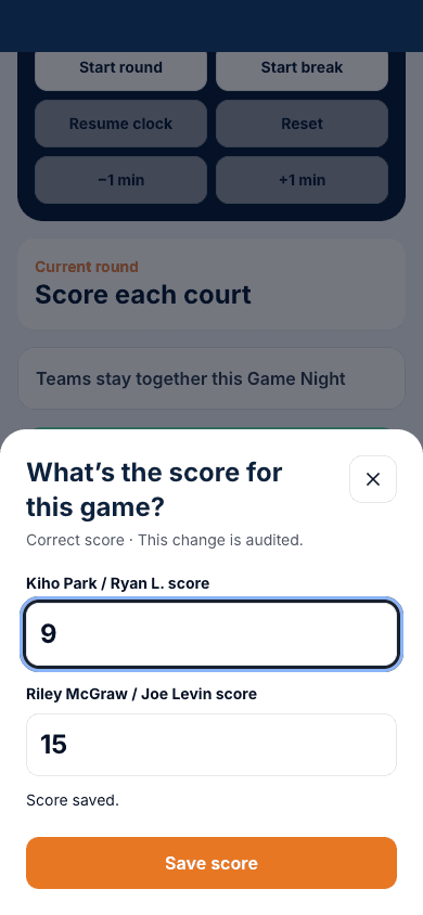 Club manager entering a Game Night score by court and round in the updated web score sheet