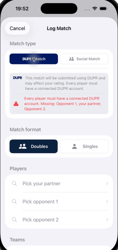Log Match form showing DUPR Match and Social Match, Doubles and Singles, and player selectors.