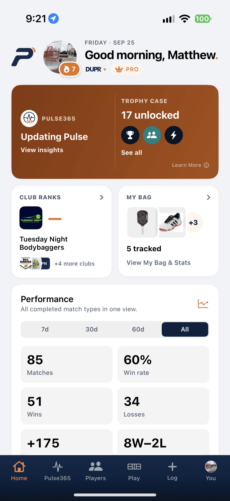 Pickleball365 iOS home dashboard